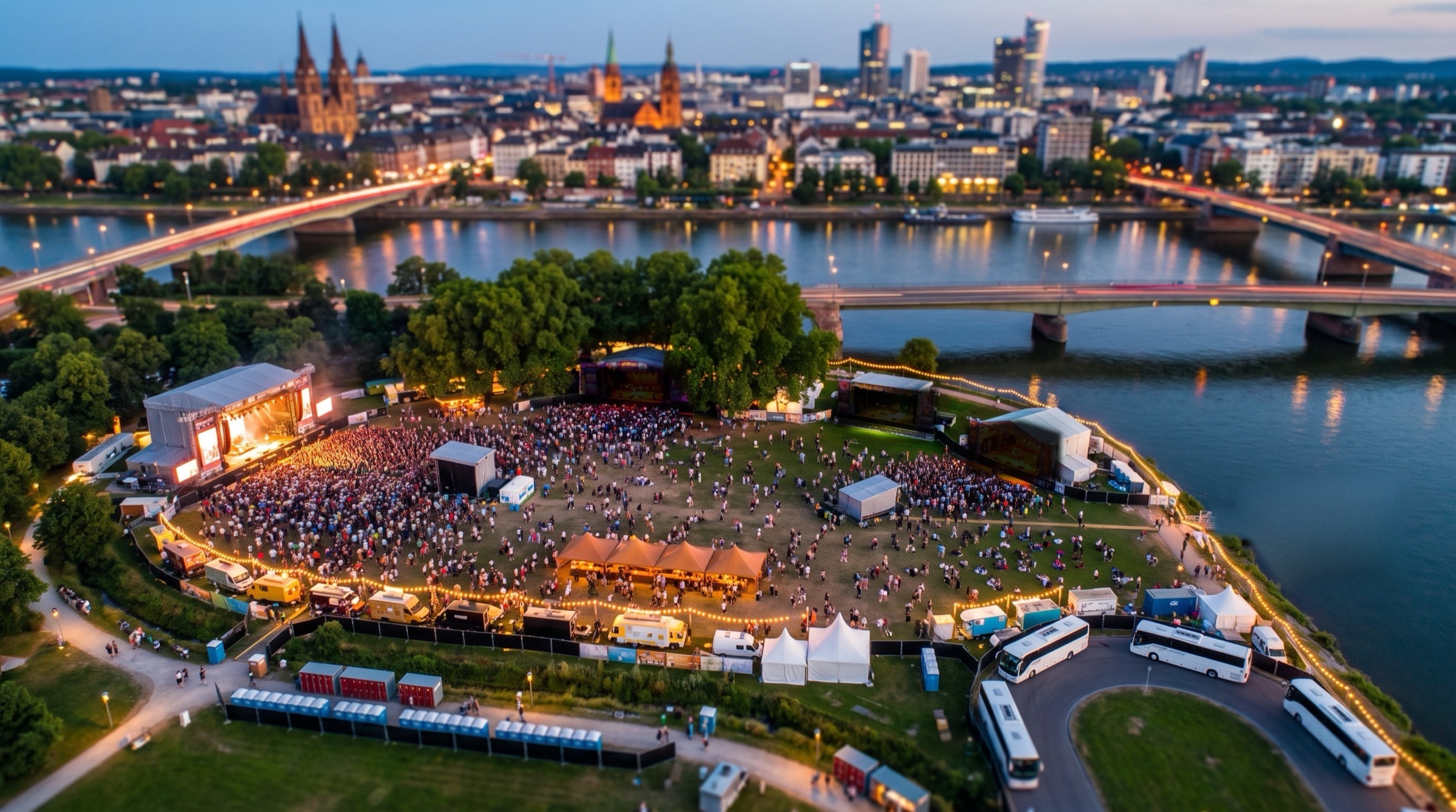 The same park at blue hour, lights on over the food trucks, the Main Stage lit with a crowd in front