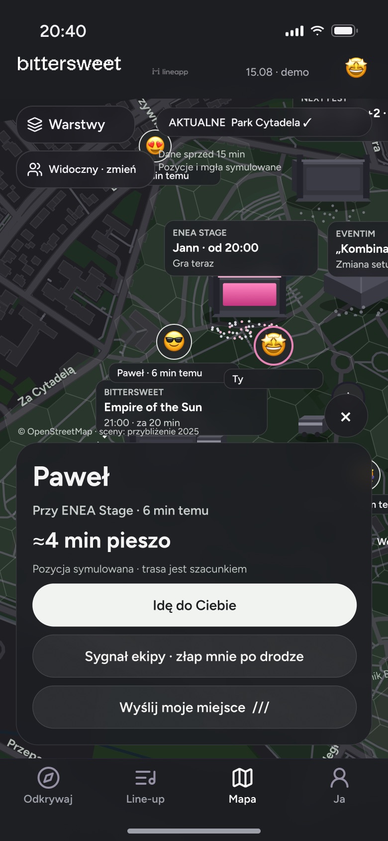 App screen, Polish test version: a friend selected on the map, about four minutes on foot, Go to them