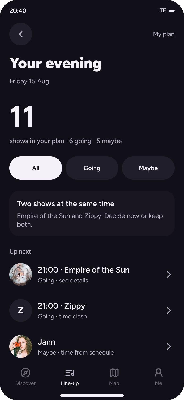 App screen: your evening, 11 shows in your plan
