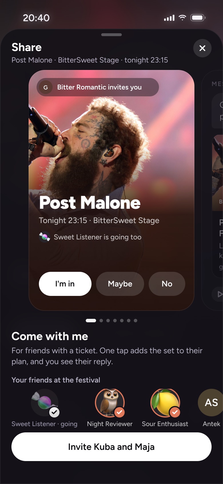 App screen: Bitter Romantic invites you, I'm in, Maybe, No