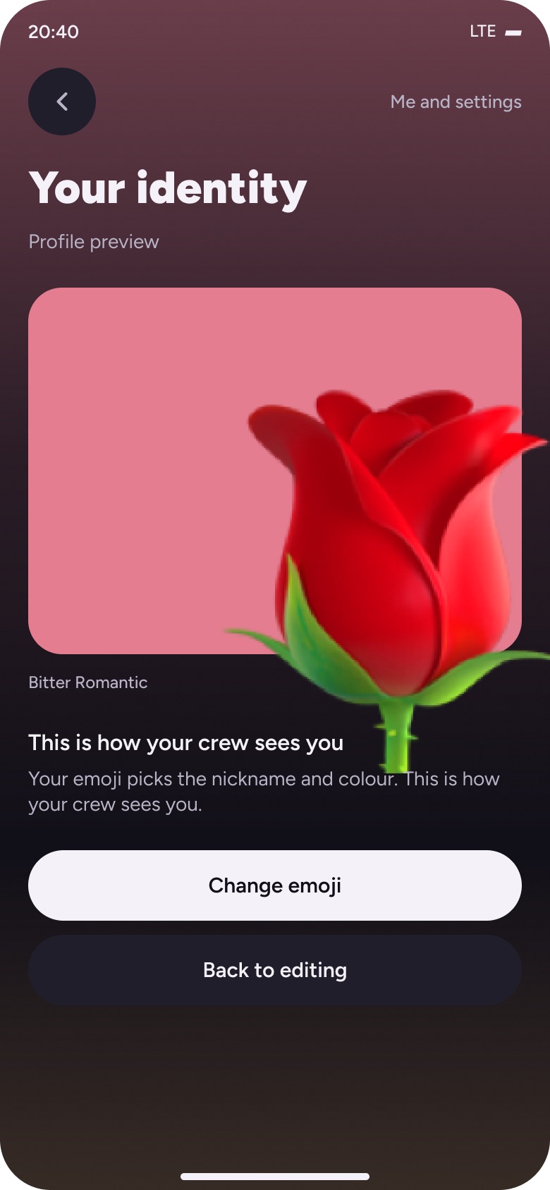 App screen: Your identity, the big red rose card, this is how your crew sees you