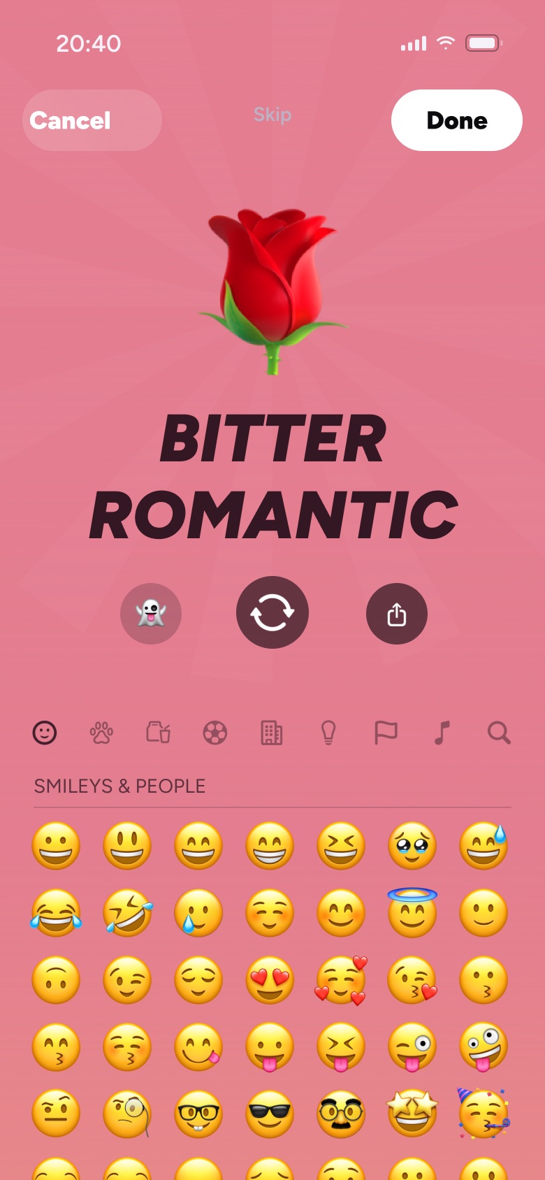 App screen: pick one emoji, a red rose, Bitter Romantic