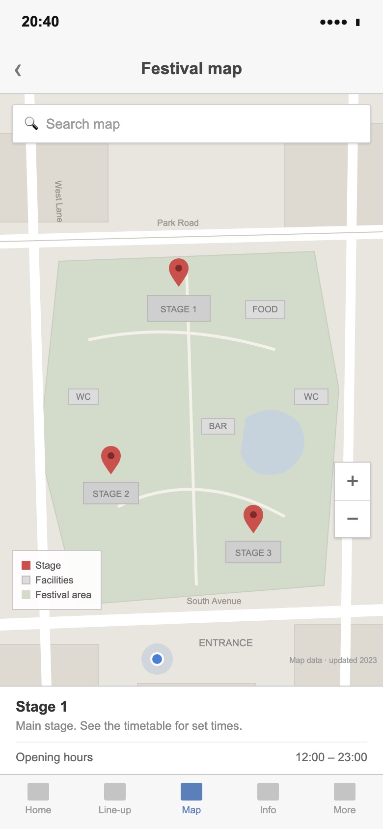 A plain grey static map with red pins and boxed stage labels