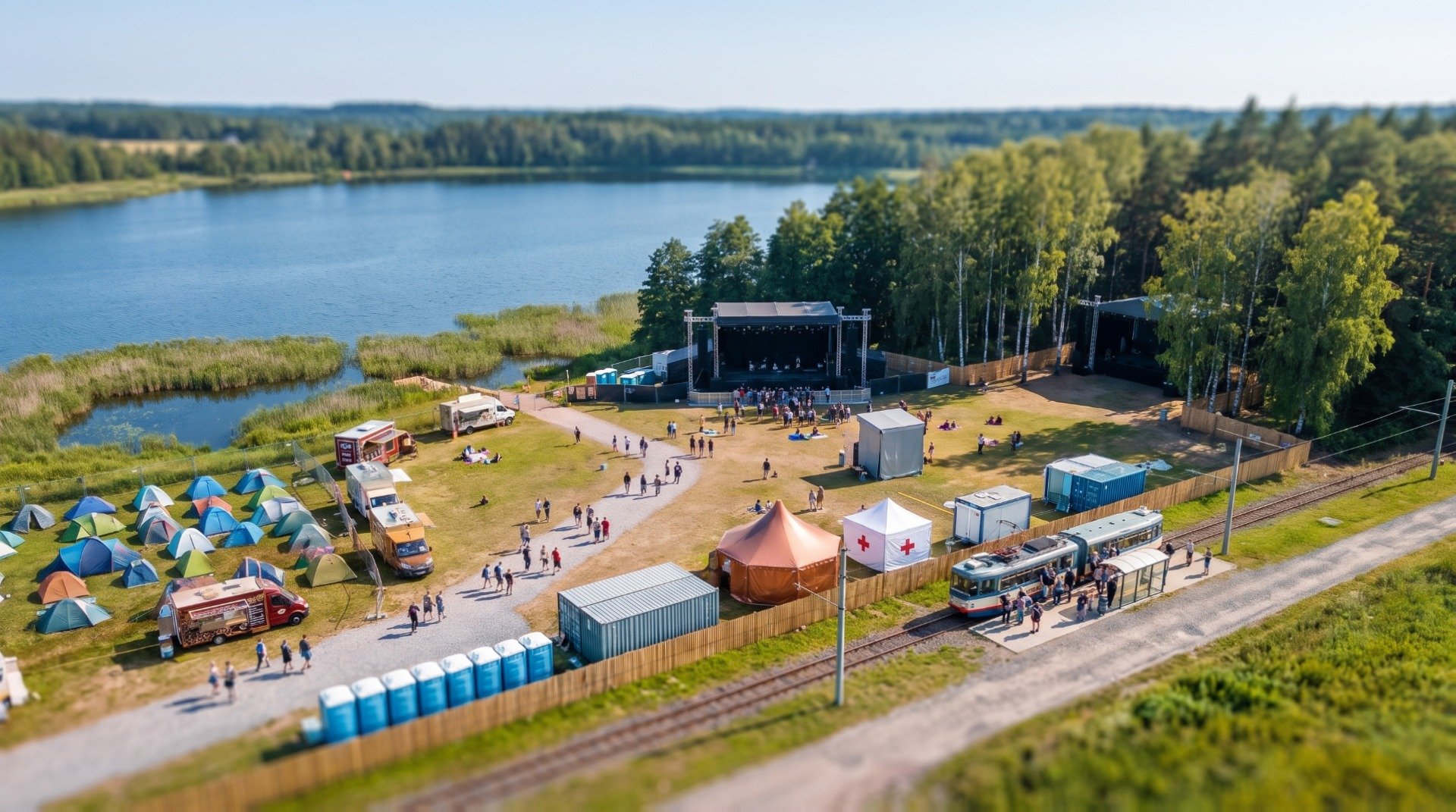 The festival field by the lake in the morning: stages dark, a few people, the tram at its stop.