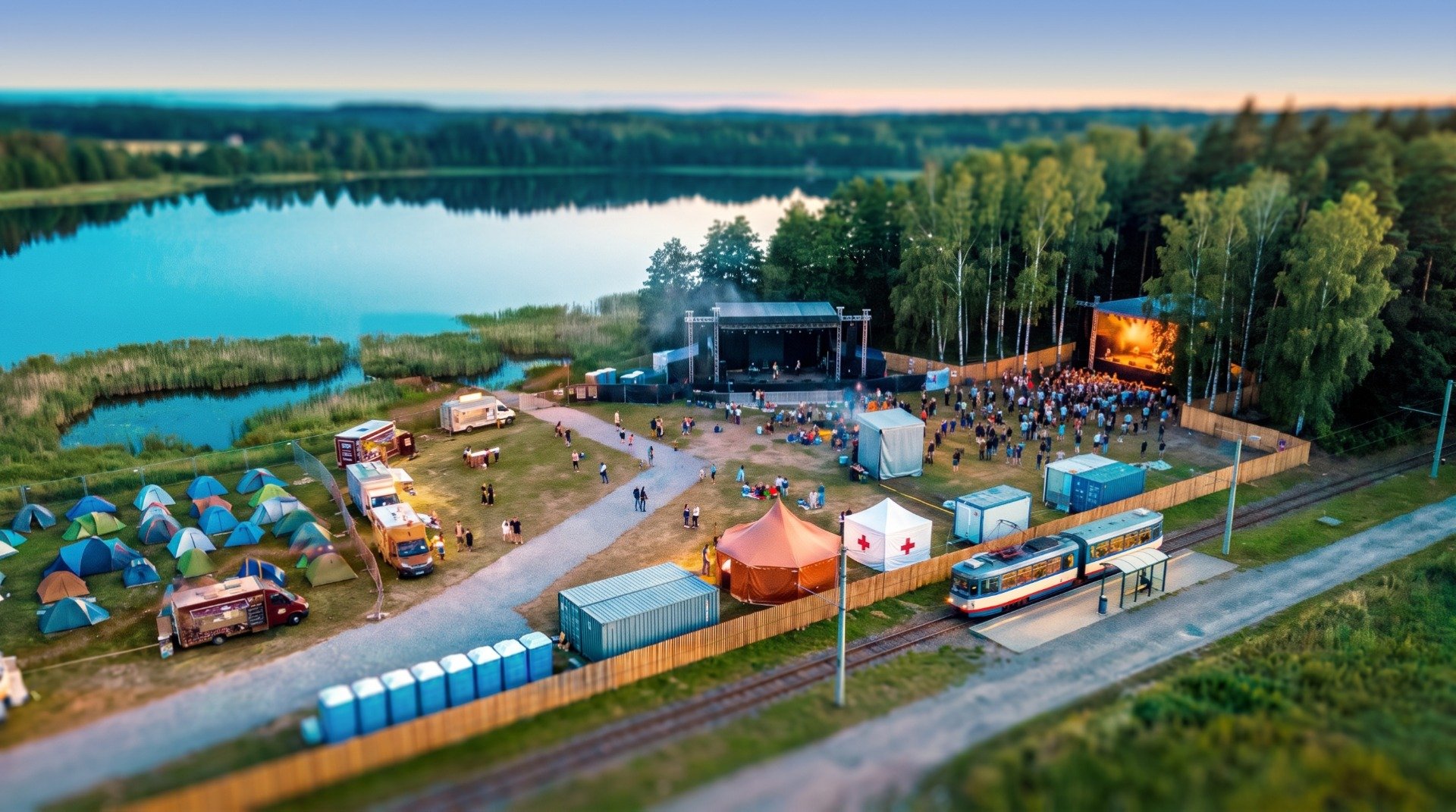 The same field in the afternoon: the Forest Stage lit by the birches, more people walking in.
