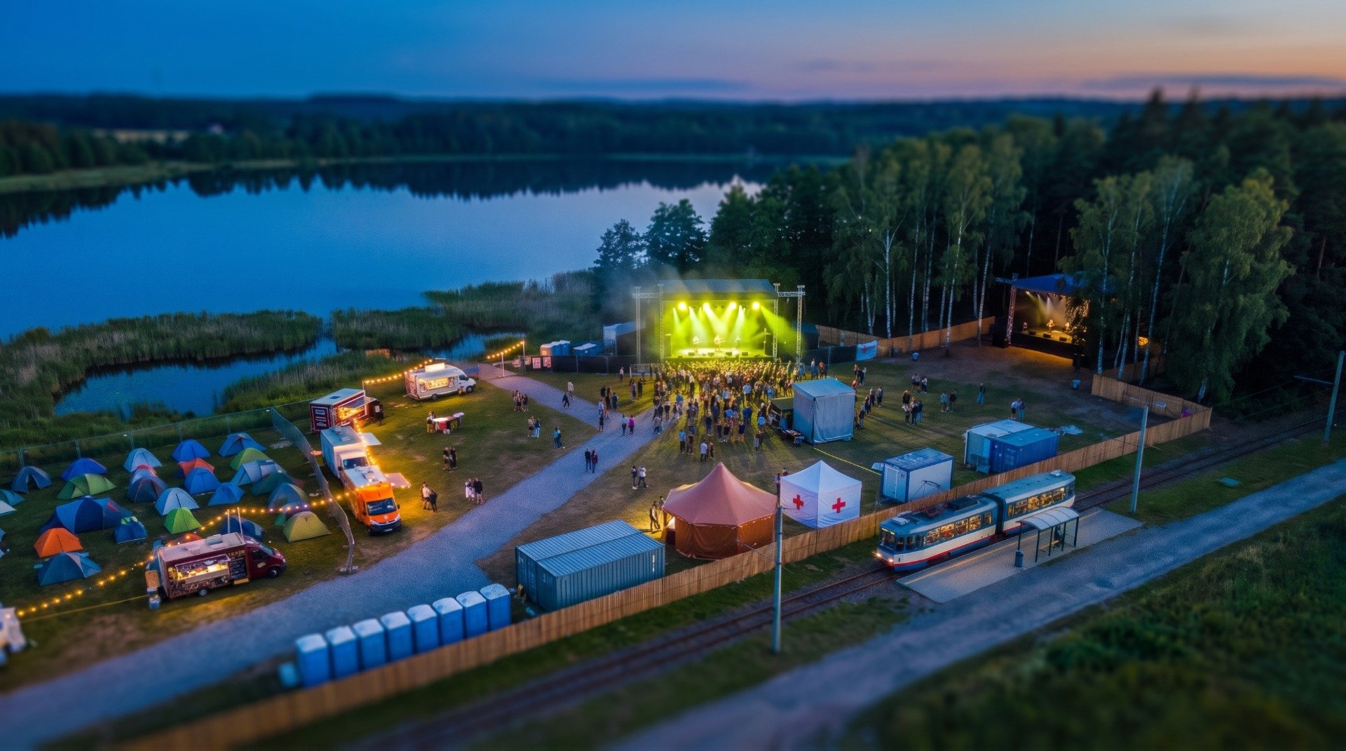 The same field in the evening: Main Stage lit up with a crowd in front, festoon lights over the food trucks.