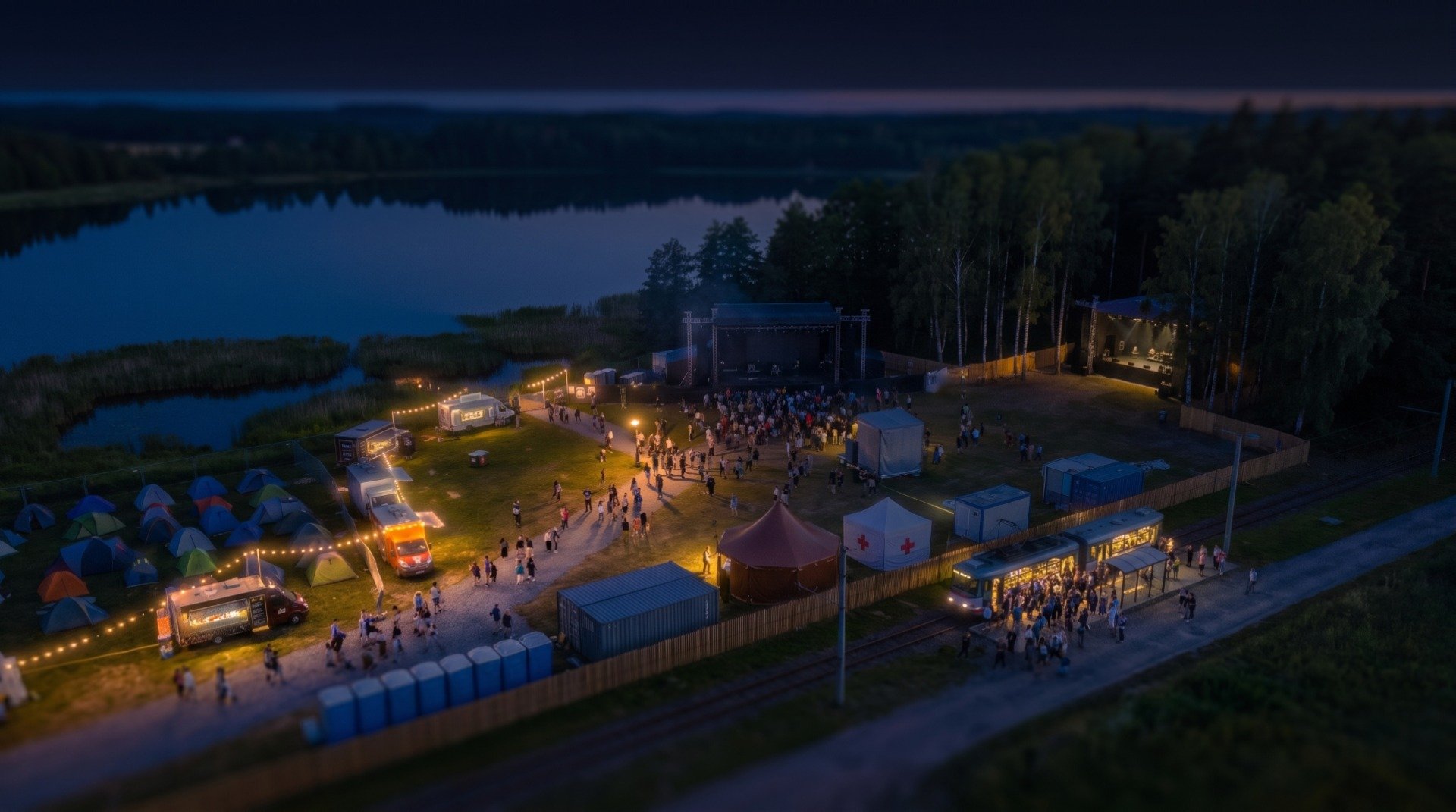 The same field at night: stages dark, the last people walking to the lit tram.