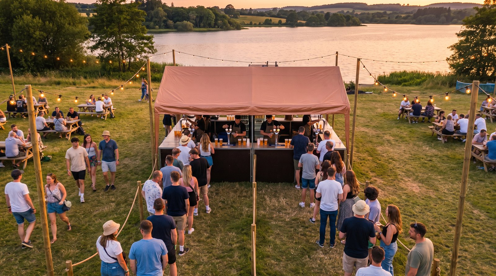 A busy sponsor bar at golden hour: friends lean on the counter, staff pour lager, the Main Stage behind them