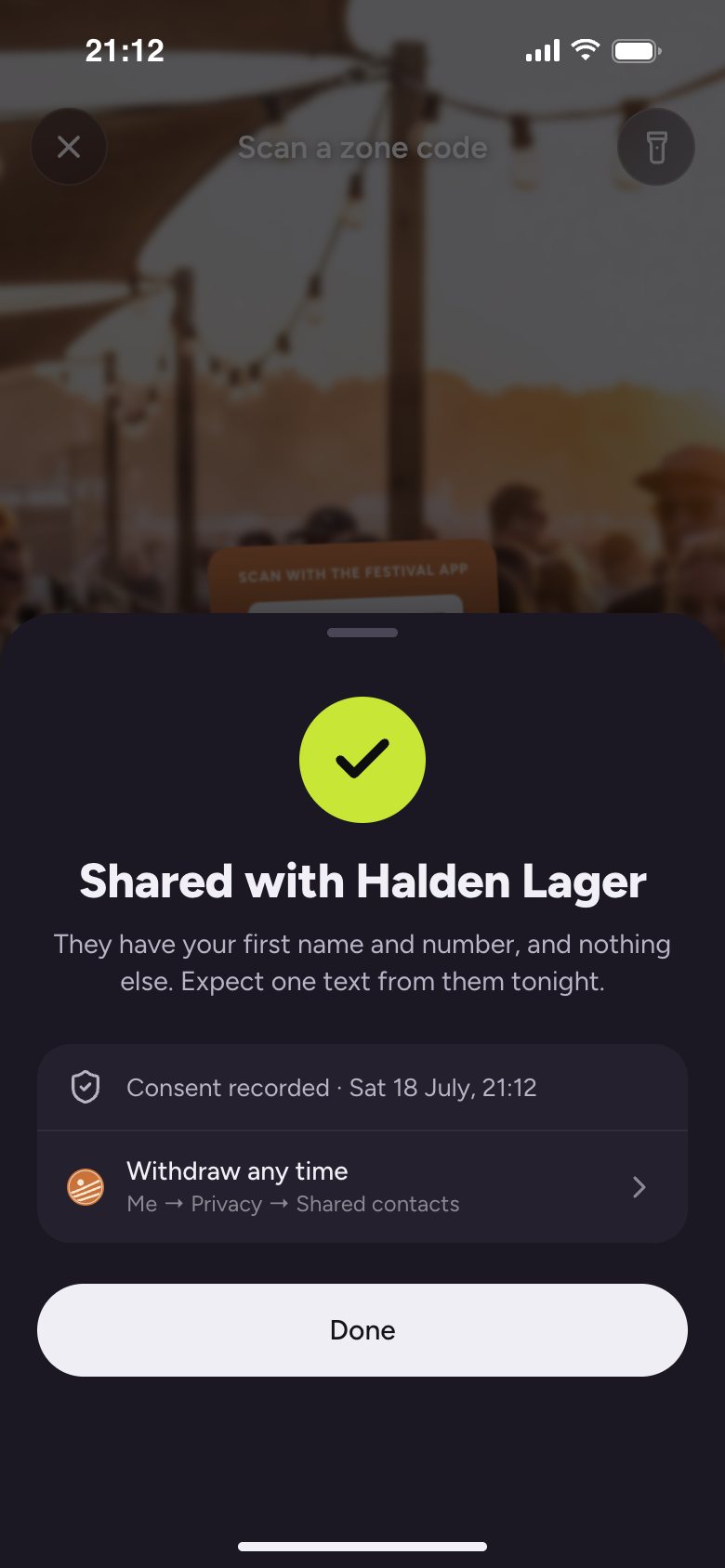 Shared: a first name and a number, with Take it back
