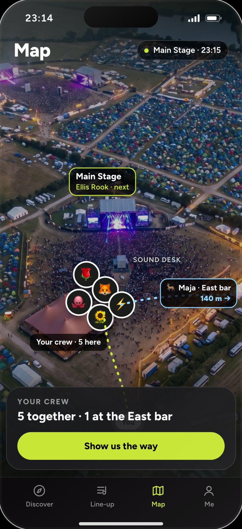 The map with five crew emoji left of the sound desk and one friend at the East bar, with the way there.