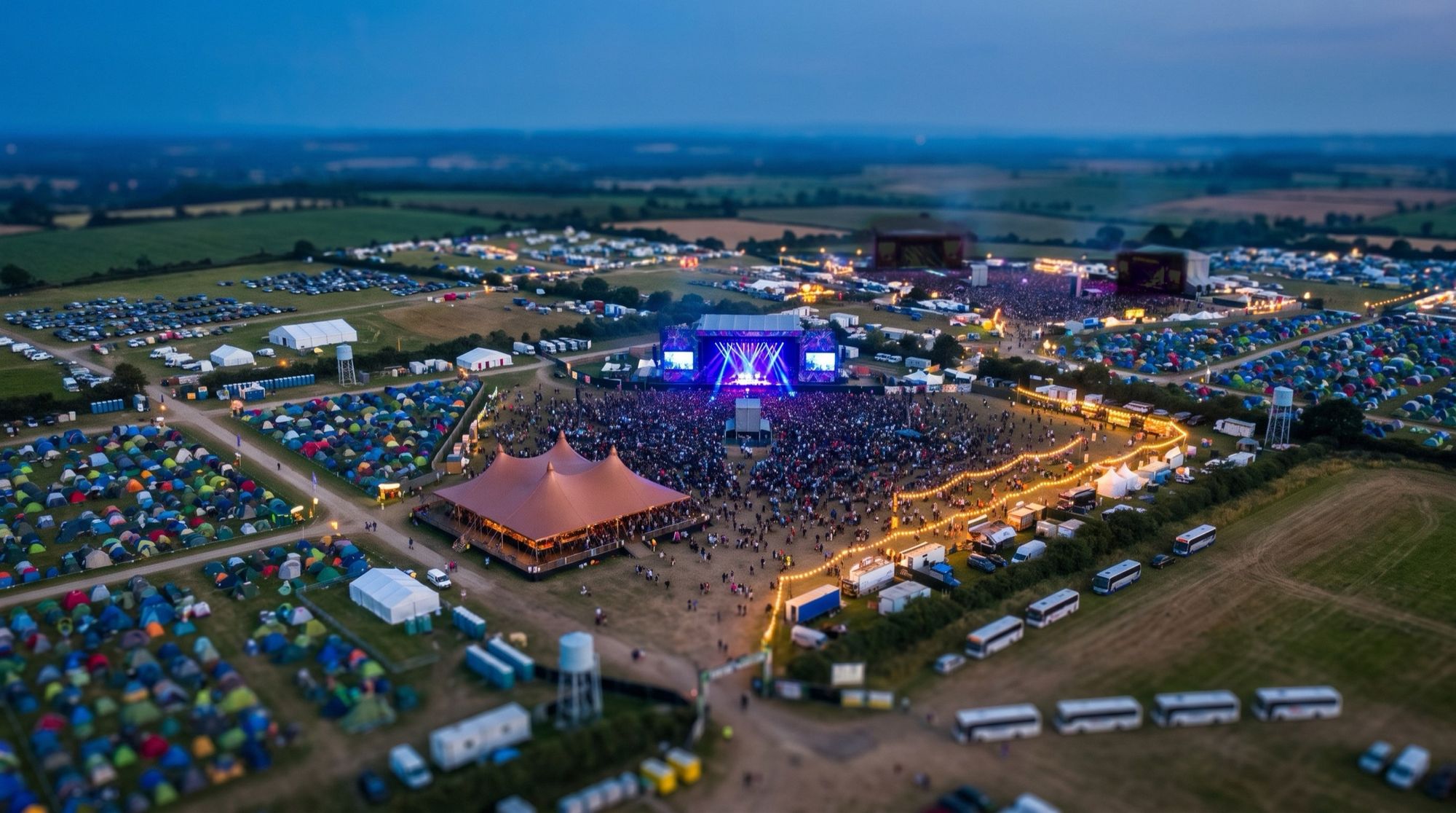 The same view at blue hour: the Main Stage lit, festoon lights on over the food trucks.