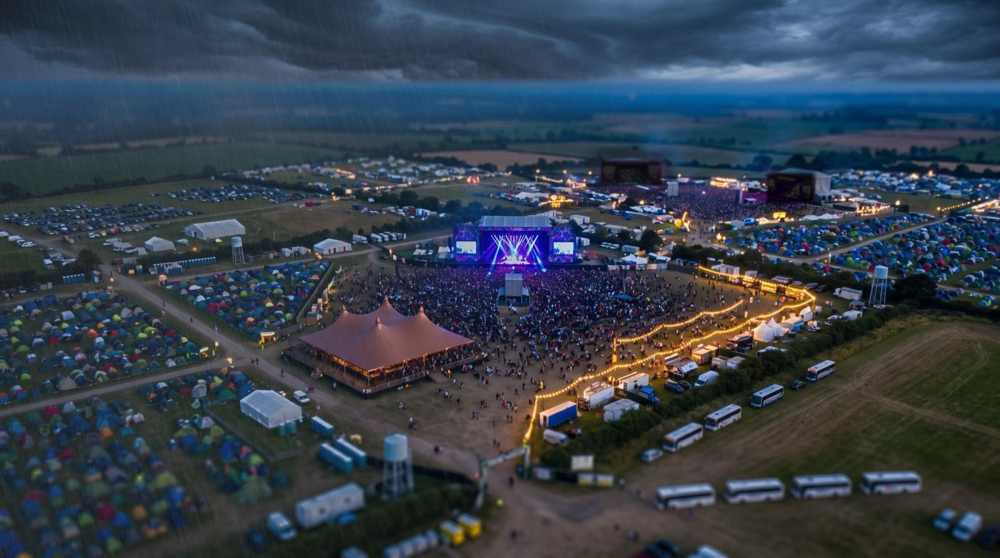The same view under a dark storm sky, rain rolling in from the left.